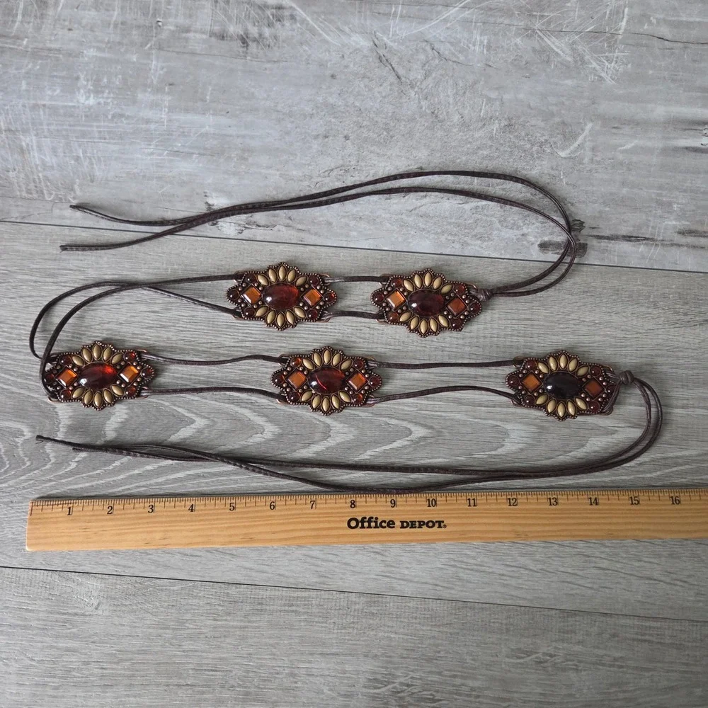 Boho Amber Stone Medallion Tie Belt Brown Faux Leather Western Festival Waist 28